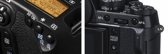 The control for AE-L/AF-L on many Canon DSLRs (left) is marked by an asterisk, while on the Fujifilm X-T1 (right) it is split into separate AE-L and AF-L buttons
The control for AE-L/AF-L on many Canon DSLRs (left) is marked by an asterisk, while on the Fujifilm X-T1 (right) it is split into separate AE-L and AF-L buttons